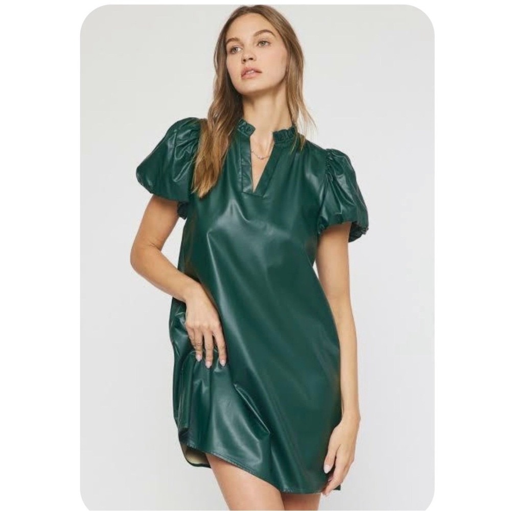 Entro Green Faux Leather Puff Sleeve Ruffled V-Neck Shift Mini Dress Size Medium